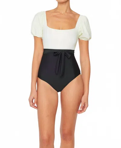Marina West Swim Puff Sleeve Tie Swimsuit In Cream/black