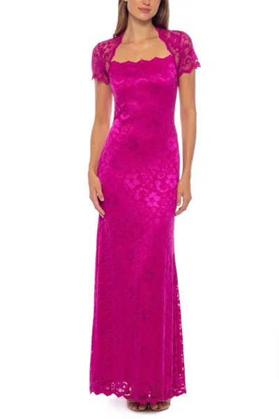 Marina Women's A Line Neck Short Sleeve Sheath Lace Gown In Fuschia In Pink
