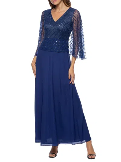 Marina Women's Capelet Beaded A Line Gown In Navy