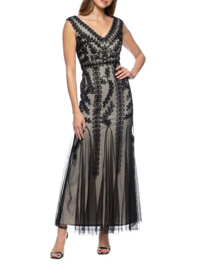 Marina Women's Embroidered Mesh Maxi Dress In Black | ModeSens