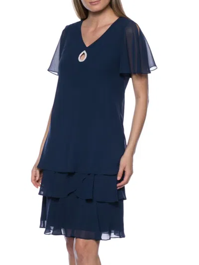 sachin and babi light blue dress Marina Crystal Teardrop Tiered Chiffon Sheath Cocktail Dress In Navy