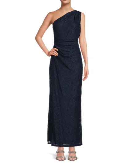 Marina Women's Metallic Ruched One Shoulder Gown In Navy