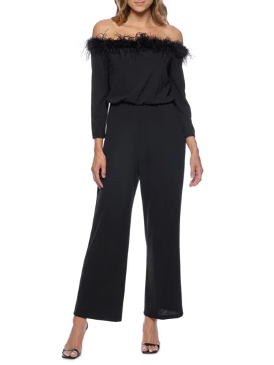 Marina Women's Off Shoulder Faux Feather Jumpsuit In Black