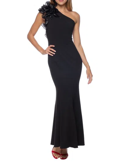 Marina Ruffle One-shoulder Crepe Gown In Black