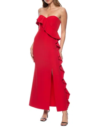 Marina Cascade Ruffle Off The Shoulder Gown In Red