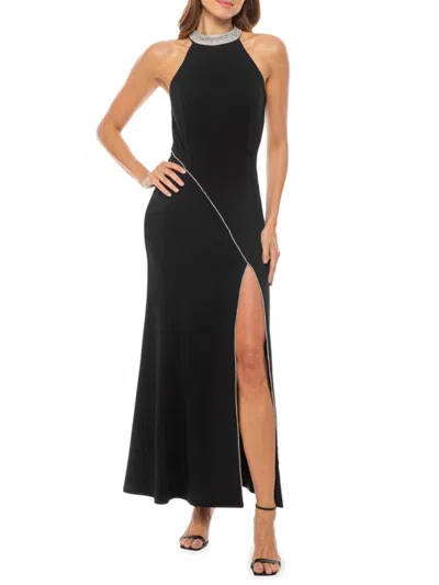 Marina Women's Scuba Crepe Rhinestone Trim Slit Gown In Black