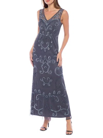 Marina Women's V Neck Beaded A Line Dress In Blue | ModeSens