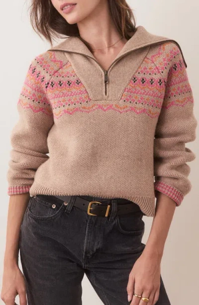 Marine Layer Archive Whitney Fair Isle Quarter Zip Sweater In Camel