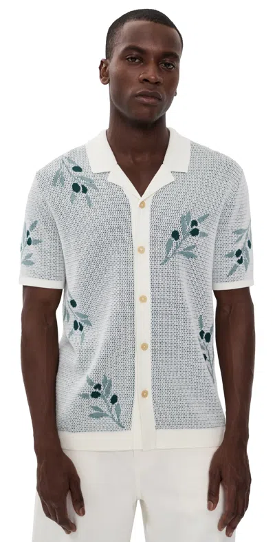 Marine Layer Asher Sweater Resort Shirt White Olive Motif In Blue