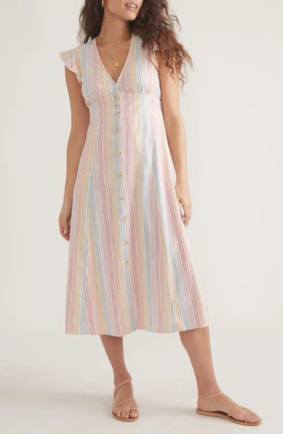 Marine Layer Camila Stripe Button Front Midi Dress In Warm Rainbow Stripe