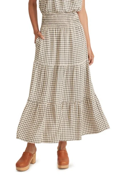 Marine Layer Chloe Windowpane Smocked Maxi Skirt In Parchment/ Black Windowpane