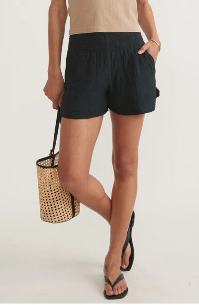 Marine Layer Corinne Smocked Double Cloth Cotton Shorts In Black