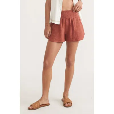Marine Layer Corinne Smocked Double Cloth Cotton Shorts In Rust