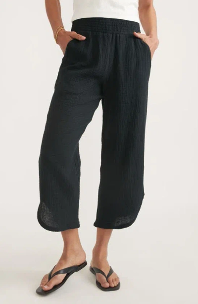 Marine Layer Corinne Wide Leg Double Cloth Cotton Pants In Faded Black