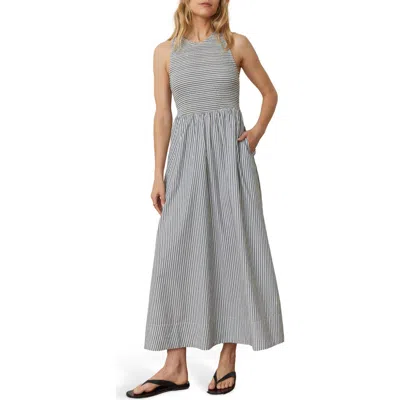Marine Layer Darcy Sleeveless Smocked Midi Dress In Navy Stripe