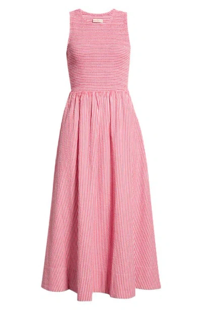 Marine Layer Darcy Stripe Smocked Seersucker Midi Dress In Pink