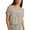 Marine Layer Elena Windowpane Plaid Smocked Yoke Top In Parchment/black Windowpane