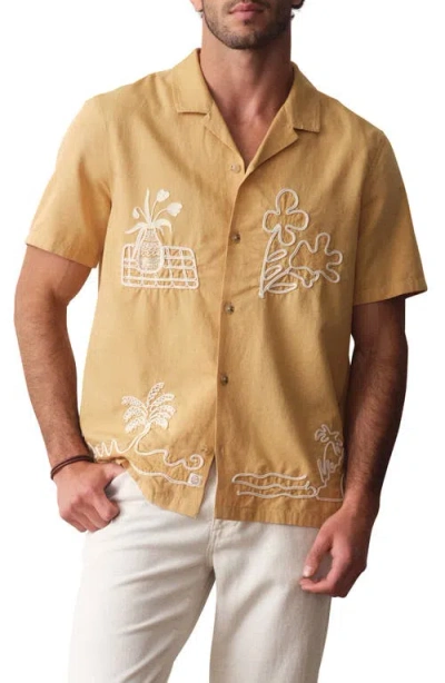 Marine Layer Embroidered Cotton & Linen Resort Shirt In Brown