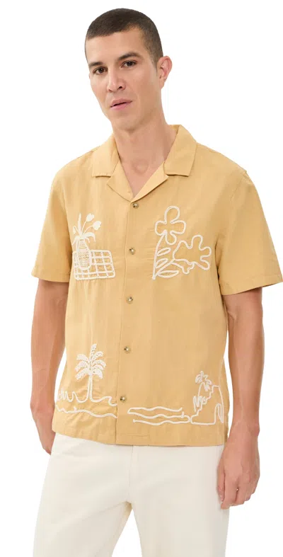 Marine Layer Embroidered Resort Button Down Shirt Mustard In Yellow