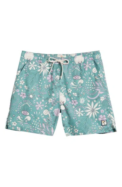 Marine Layer Floral Mechanical Stretch Swim Trunks In Green