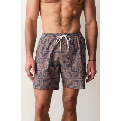 Marine Layer Geo Fan Print Lined Swim Trunks In Brown/navy Geo Fan Print
