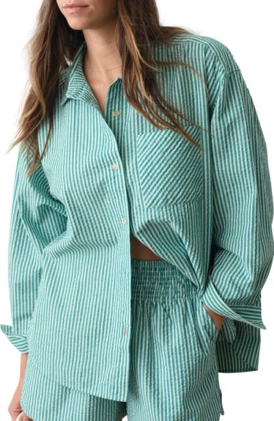 Marine Layer Gracey Stripe Oversize Cotton & Kapok Seersucker Button-up Shirt In Green