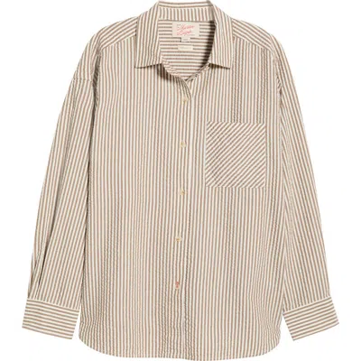 Marine Layer Gracey Stripe Oversize Cotton & Kapok Seersucker Button-up Shirt In Nude