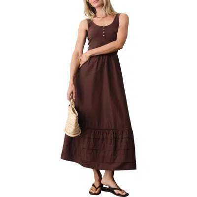 Marine Layer Lexi Rib & Poplin Sleeveless Midi Dress In Brown