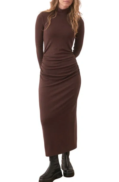 Marine Layer Lexi Ruched Turtleneck Long Sleeve Rib Midi Dress In Cocoa