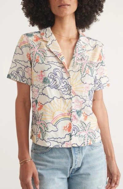 Marine Layer Lucy Embroidered Short Sleeve Lyocell & Linen Button-up Resort Shirt In Natural