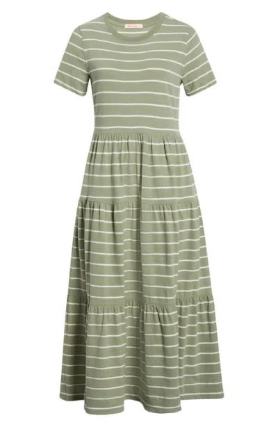 Marine Layer Luxe Stripe Sueded Cotton Tiered Midi Dress In Green