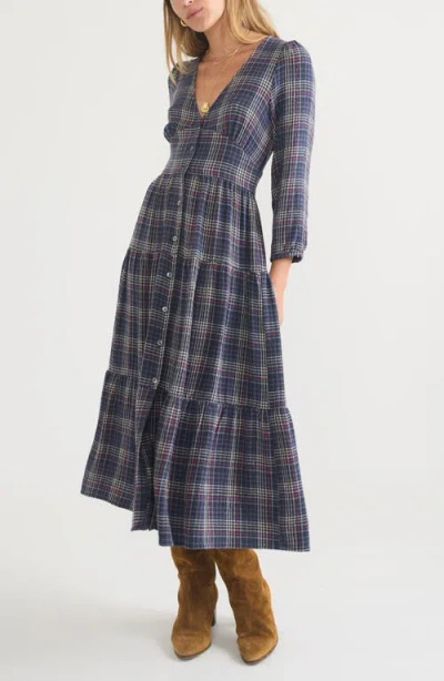 Marine Layer Maeve Plaid Long Sleeve Tiered Maxi Shirtdress In Navy Plaid