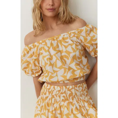 Marine Layer Marella Abstract Print Puff Sleeve Pima Cotton Crop Top In Marigold Geo