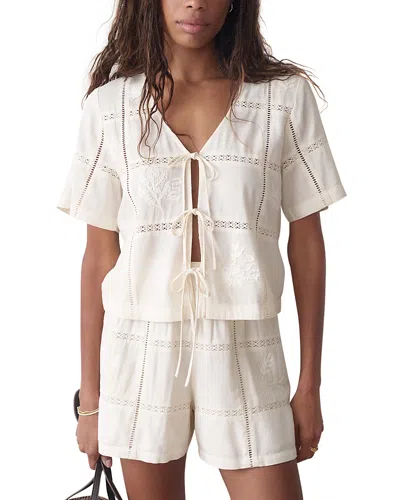 Marine Layer Marella Embroidered Detail Tie Front Top In White