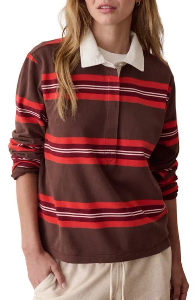 Marine Layer Miracle Jersey Stripe Rugby Polo In Brown