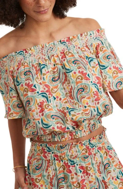 Marine Layer Nora Smocked Off The Shoulder Cotton Top In Multi Paisley