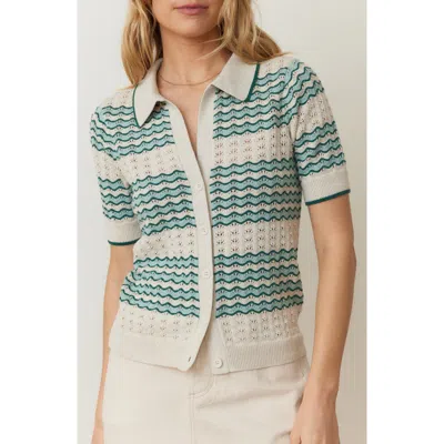 Marine Layer Piper Stripe Pointelle Stitch Cotton Button-up Shirt In Aqua Groove