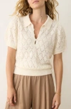 Marine Layer Rebecca Short Sleeve Pointelle Polo Sweater In Neutral
