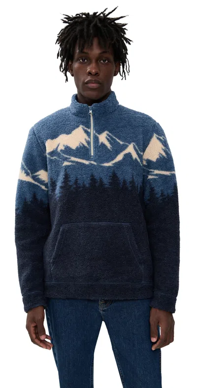 Marine Layer Sierra Faux Sherpa Pullover Blue Mountain Scene