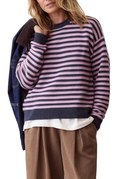 Marine Layer Suki Striped Crewneck Sweater In Navy And Lilac Stripe