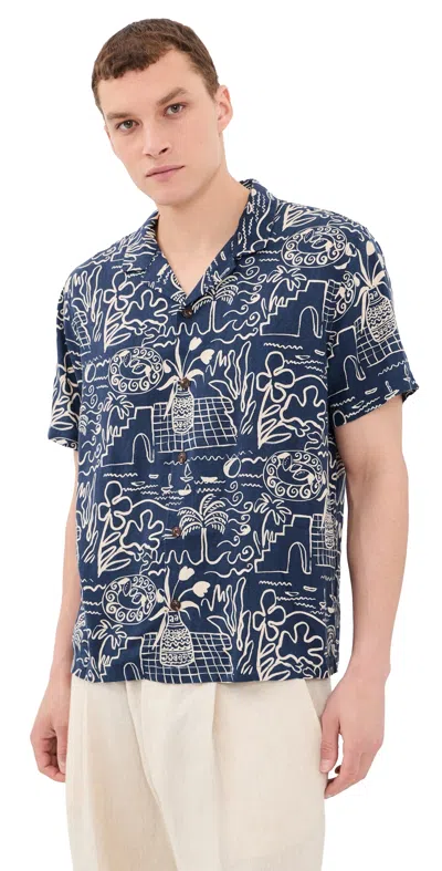 Marine Layer Tencel Linen Resort Shirt Navy/white Island Motif In Blue