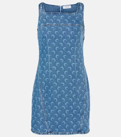 Marine Serre Deadstock Denim Moon-print Mini Dress In Blue