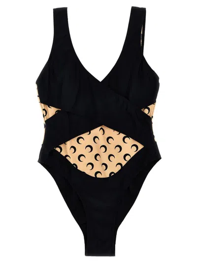 Marine Serre 'all Over Moon' One-piece Swimsuit In Black