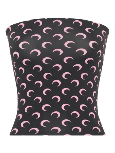 Marine Serre Strapless Fitted Printed Blouse Top In Black