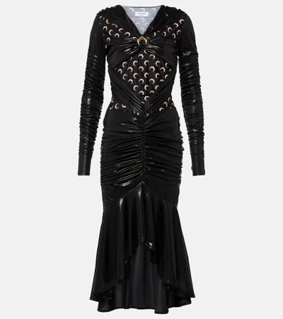 Marine Serre All Over Moon Ruched Jersey Midi Dress In Black