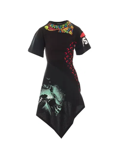 Marine Serre Asymmetrical Patchwork Dress In Black