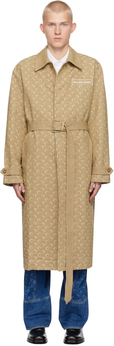 Marine Serre Beige Moon Jacquard Twill Trench Coat In Bg50 Dark Beige
