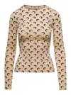 Marine Serre Beige Crewneck T-shirt With All-over Crescent Moon Print In Tech Fabric Stretch Woman In Beige