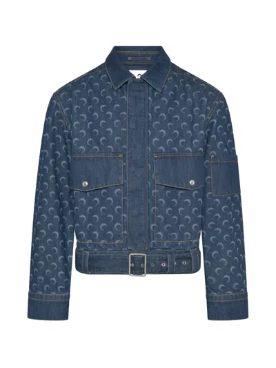 Marine Serre Belted Moon-print Denim Jacket In Blue