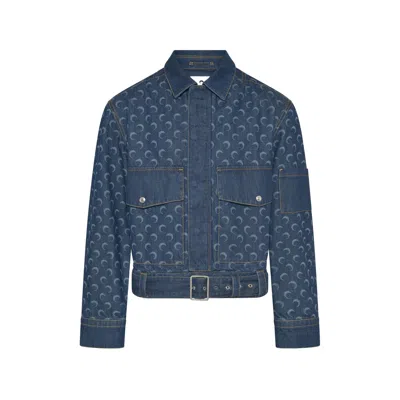 Marine Serre Moon Print Lace-up Denim Jacket In Blue